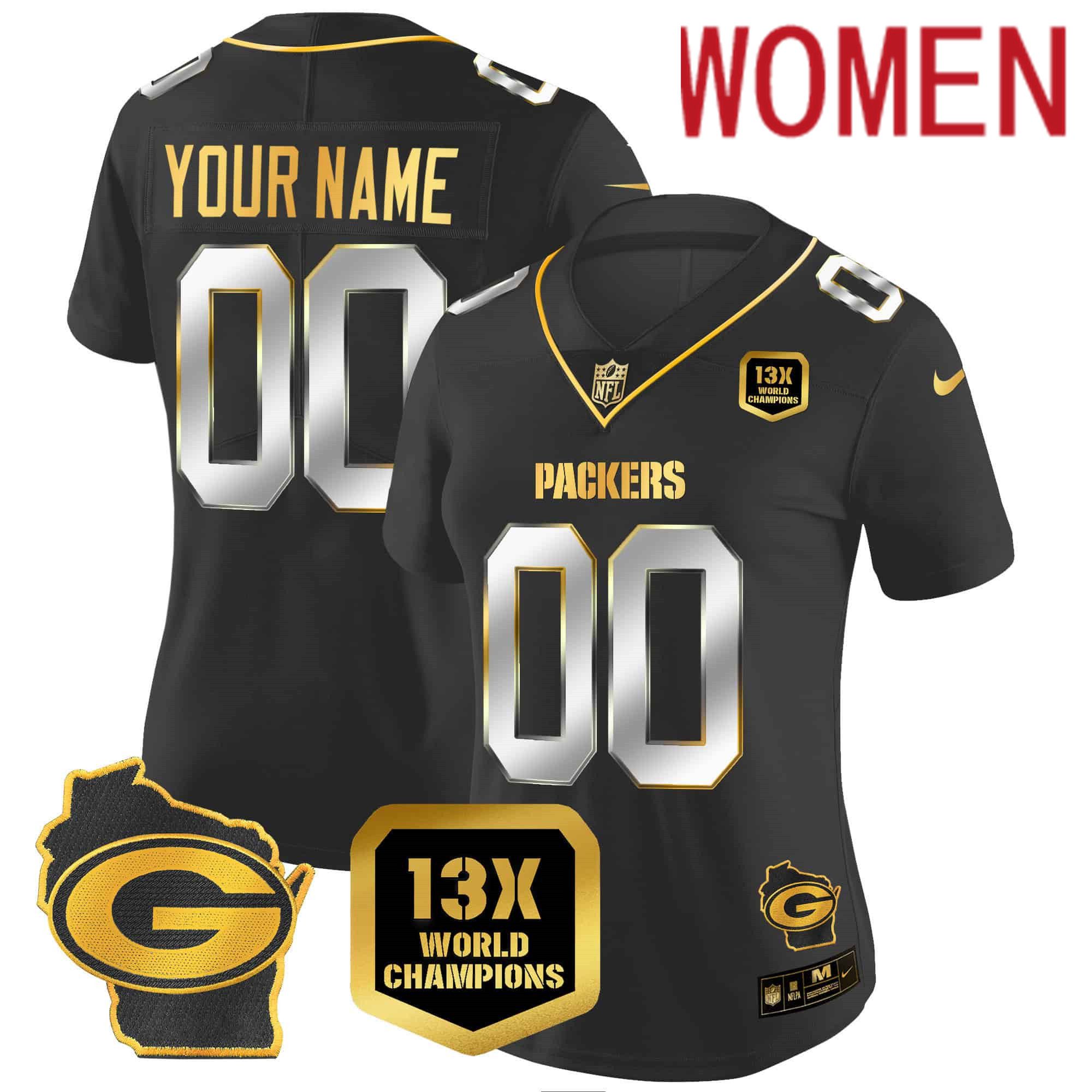 Women Green Bay Packers Black Gold 2024 Nike World Champions Home Patch Vapor Custom NFL Jersey style 1->customized nfl jersey->Custom Jersey